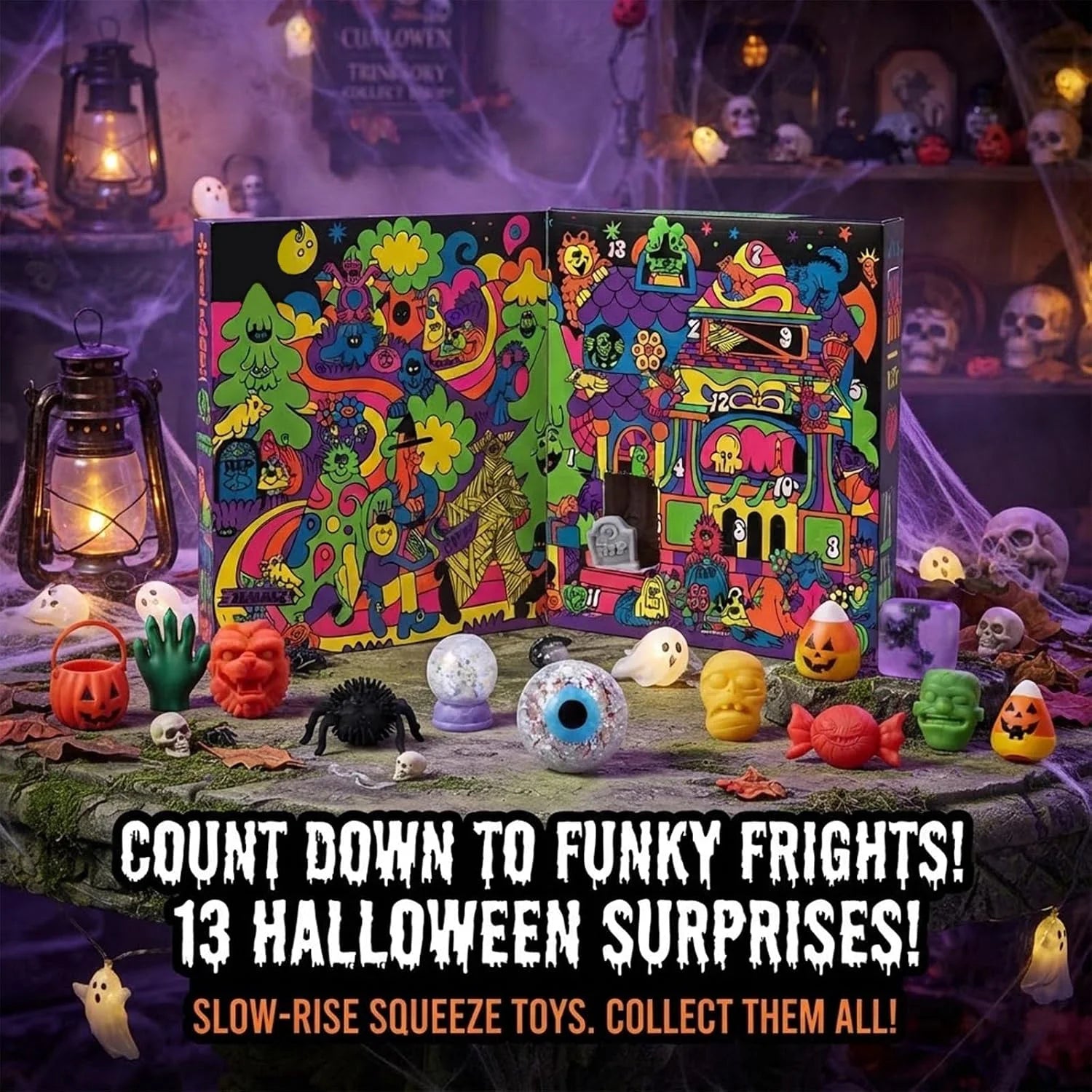 Needoh New Funky Frights Halloween Advent Calendar 13 Days, Spooky Squishy Slow Rise Stress Relief Toys Countdown Gift Box